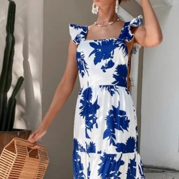 Boho floral butterfly sleeve ruffle hem tie back dress blue white - Picture 4 of 7